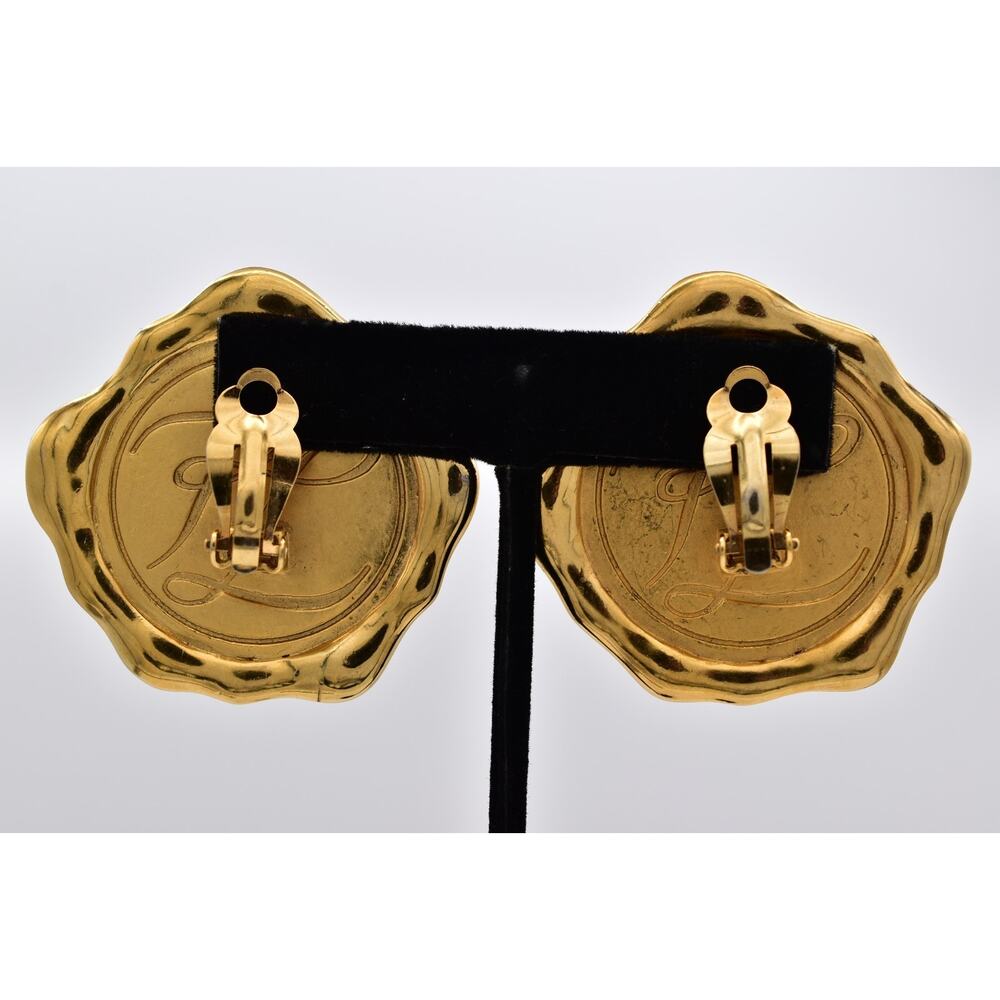 Karl Lagerfeld Vintage Logo Seal Clip On Earrings Paris Medallion Gold 80s Bin5 - Picture 9 of 12